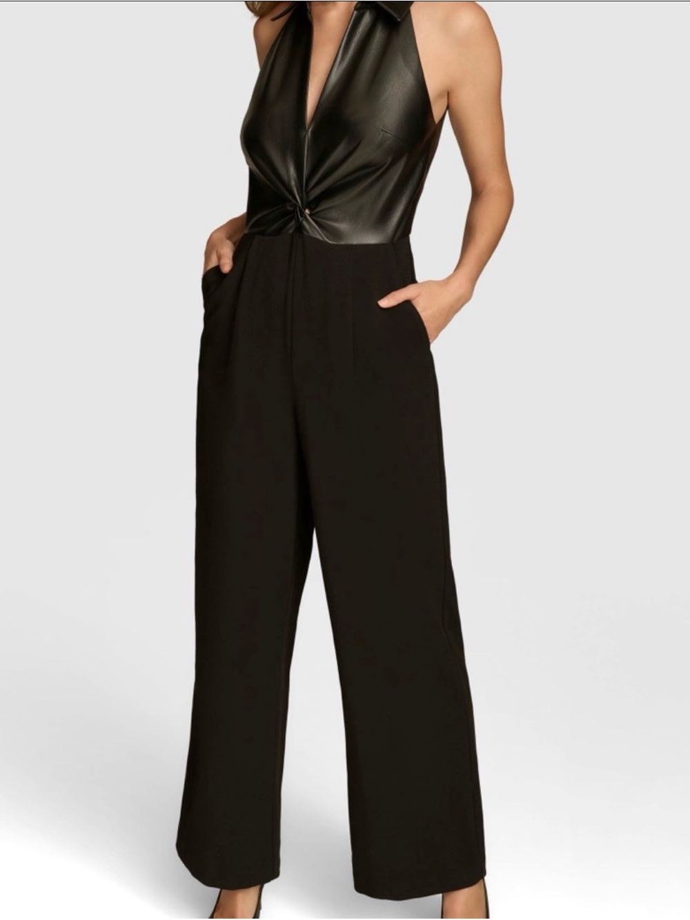 Donna Karan Faux Leather Halter Jumpsuit Wide Leg Black Size 4 NWT
